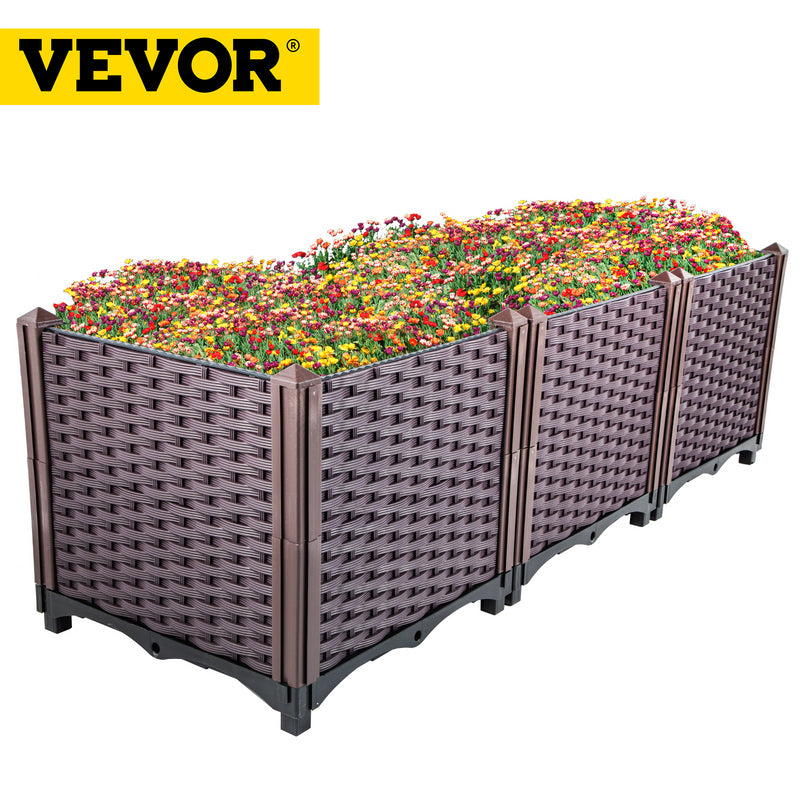 VEVOR Plastic Raised Garden Beds In/Outdoor 20.5&quot;H/14.5&quot;H Flower Box Kit Brown Rattan Style Grow Planter Care Box Set of 3/4