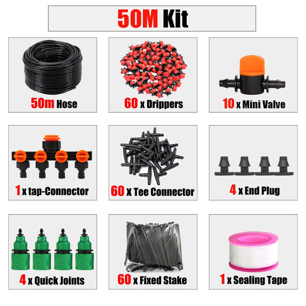 RBCFHl 5-50m DIY 1/4'' Micro Drip System Automatic Garden Hose 8 Hole Spray Self Kits with Adjustable Red Drpper Kit