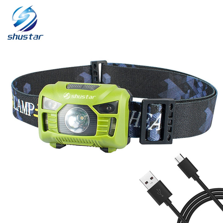 Body Motion Sensor Headlamp Induction USB Rechargeable Headlight 2 Switch Modes Head Flashlight Torch lamp For Camping+USB cable